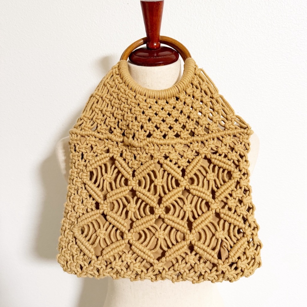 Vintage Macrame Wood Handle Handbag